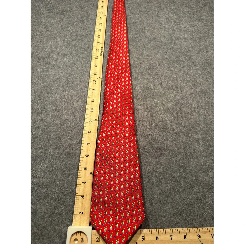 Salvatore Ferragamo Mens Red Silk Cocktail Glass Olive Print Tie Made in Italy